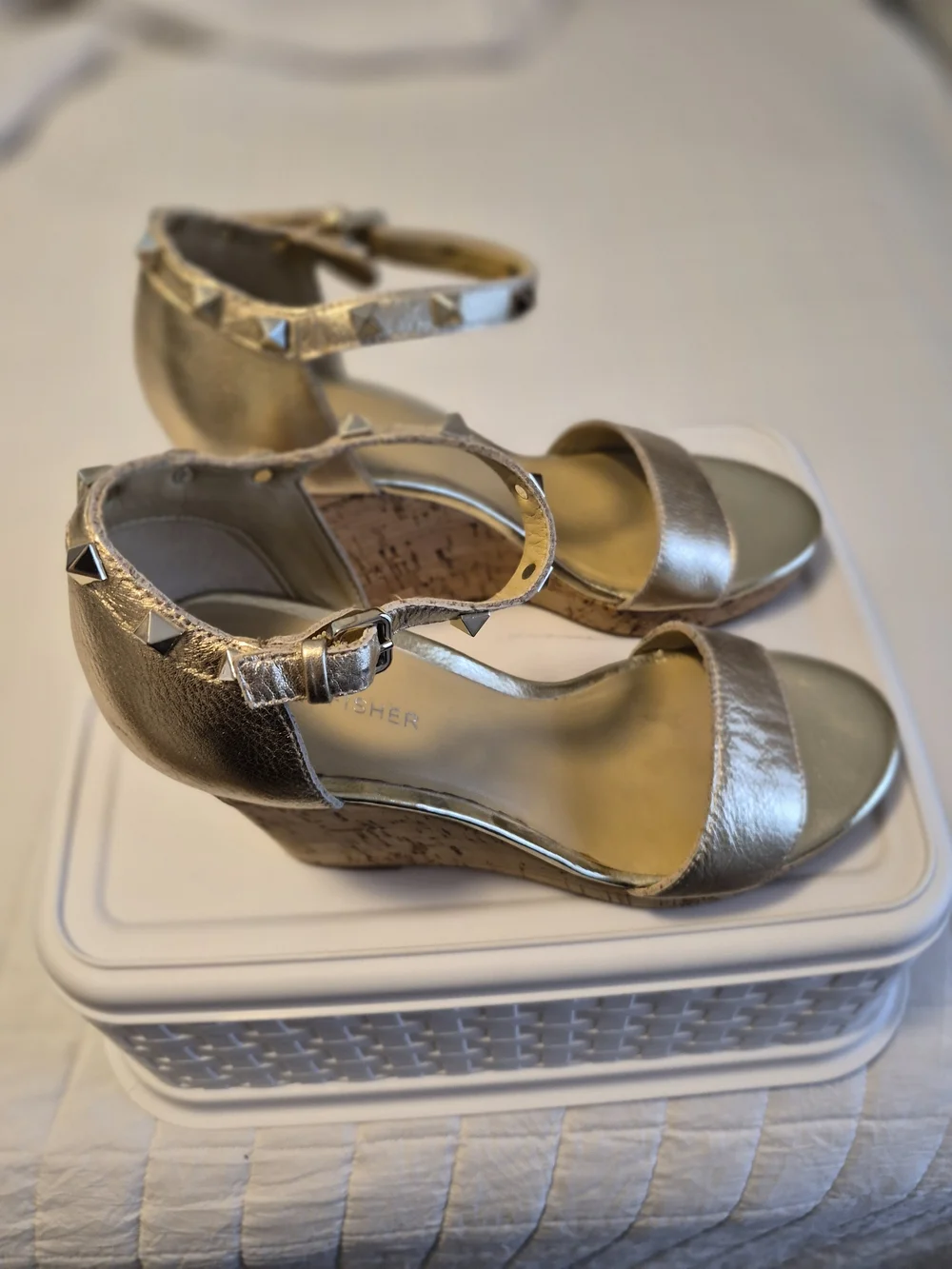 Marc Fisher Metallic Gold Studded Ankle-Wrap Wedges